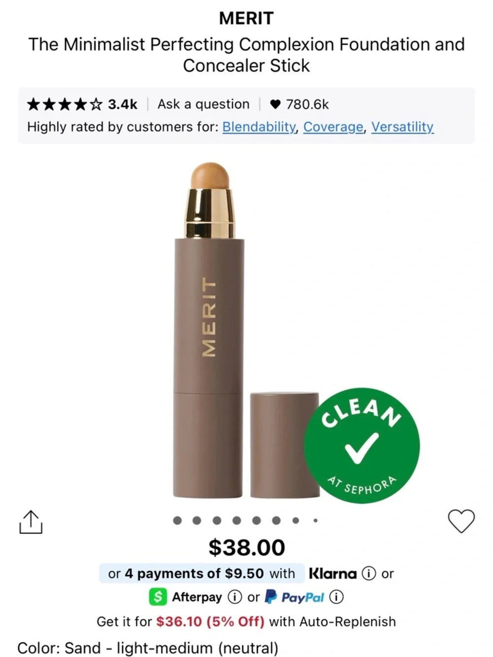 Minimalist Perfecting Complexion Foundation & Concealer Stick Shade Sand - Picture 1 of 4